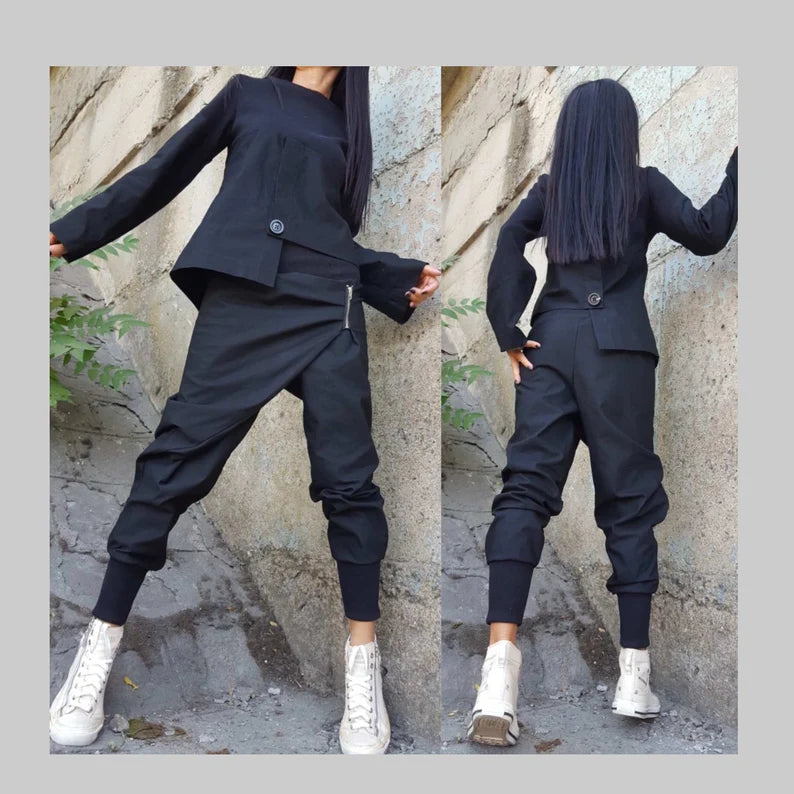 Elegant Black Cotton Co-Ord – Asymmetrical Top & Flowing Harem Pants