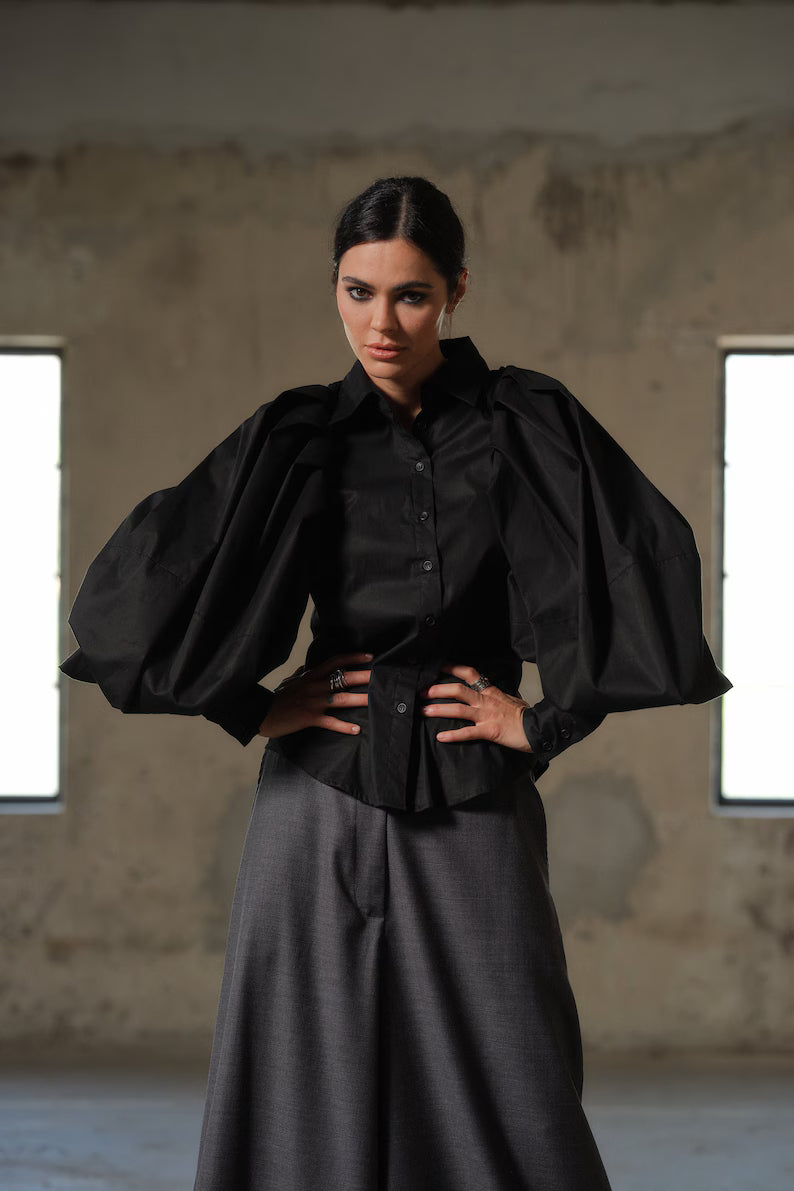 Black Puff-Sleeve Cotton Blouse – Avant-Garde Women’s Top in Plus Sizes
