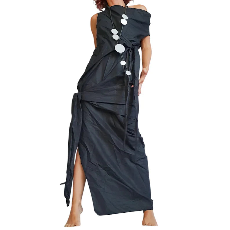 Artful Asymmetrical Maxi Dress – Black Sculptural Statement Fashion